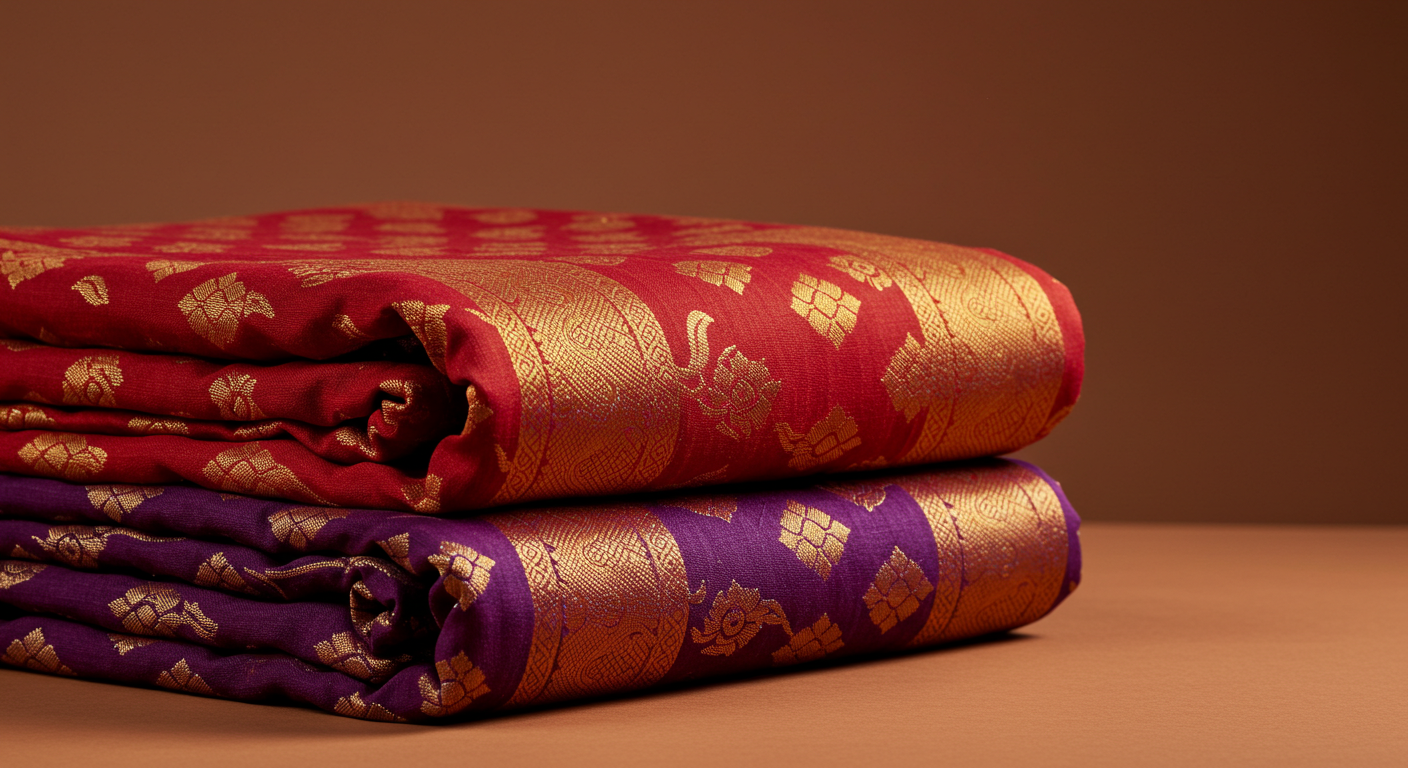 Handwoven Banarasi silk dupattas with gold zari borders and floral jaal motifs, folded on a warm backdrop