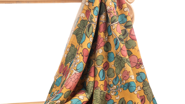 Marigold yellow and turquoise Srikalahasti kalamkari cotton fabric