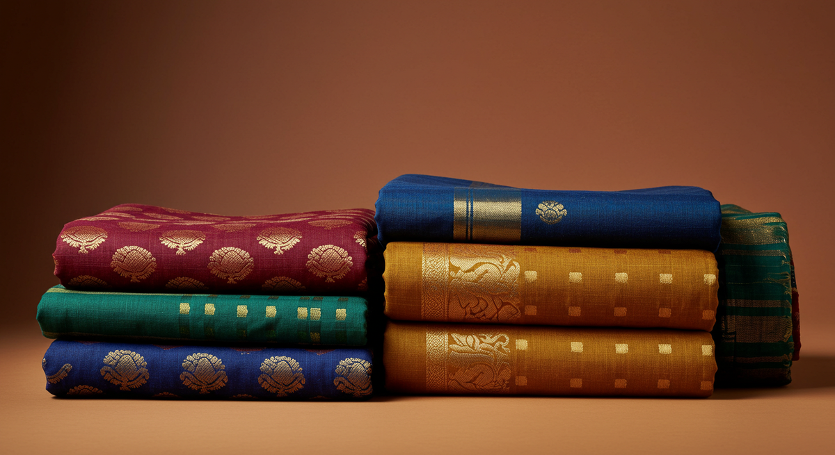Handwoven Indian sarees in silk, cotton and handloom weaves arranged on a warm backdrop