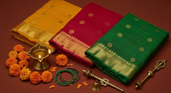 Festive handloom sarees in marigold yellow, red and green folded beside marigold flowers and a brass oil lamp