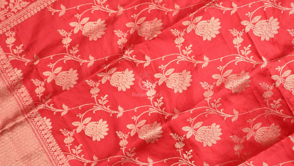Red handloom Banarasi silk dupatta with gold zari floral jaal