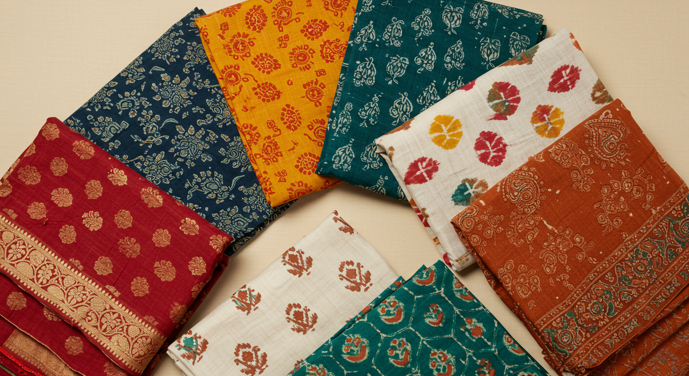 A fanned arrangement of Indian dupattas in Banarasi silk, Ajrakh block print, bandhani tie-dye and handloom cotton