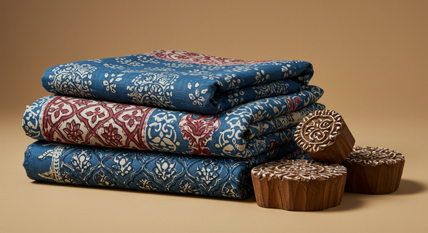 Ajrakh hand-block printed fabric in indigo and madder red with geometric motifs, folded beside carved wooden printing blocks