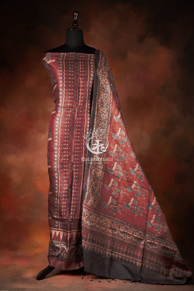 Ushraa - Dusty Madder Rose Ajrakh Tussar Silk Suit Set