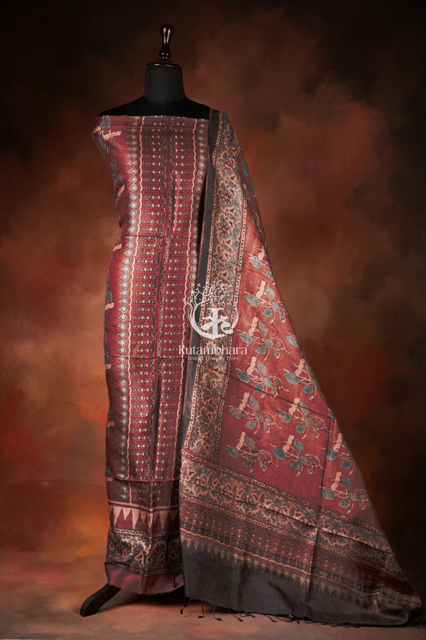 Ushraa - Dusty Madder Rose Ajrakh Tussar Silk Suit Set