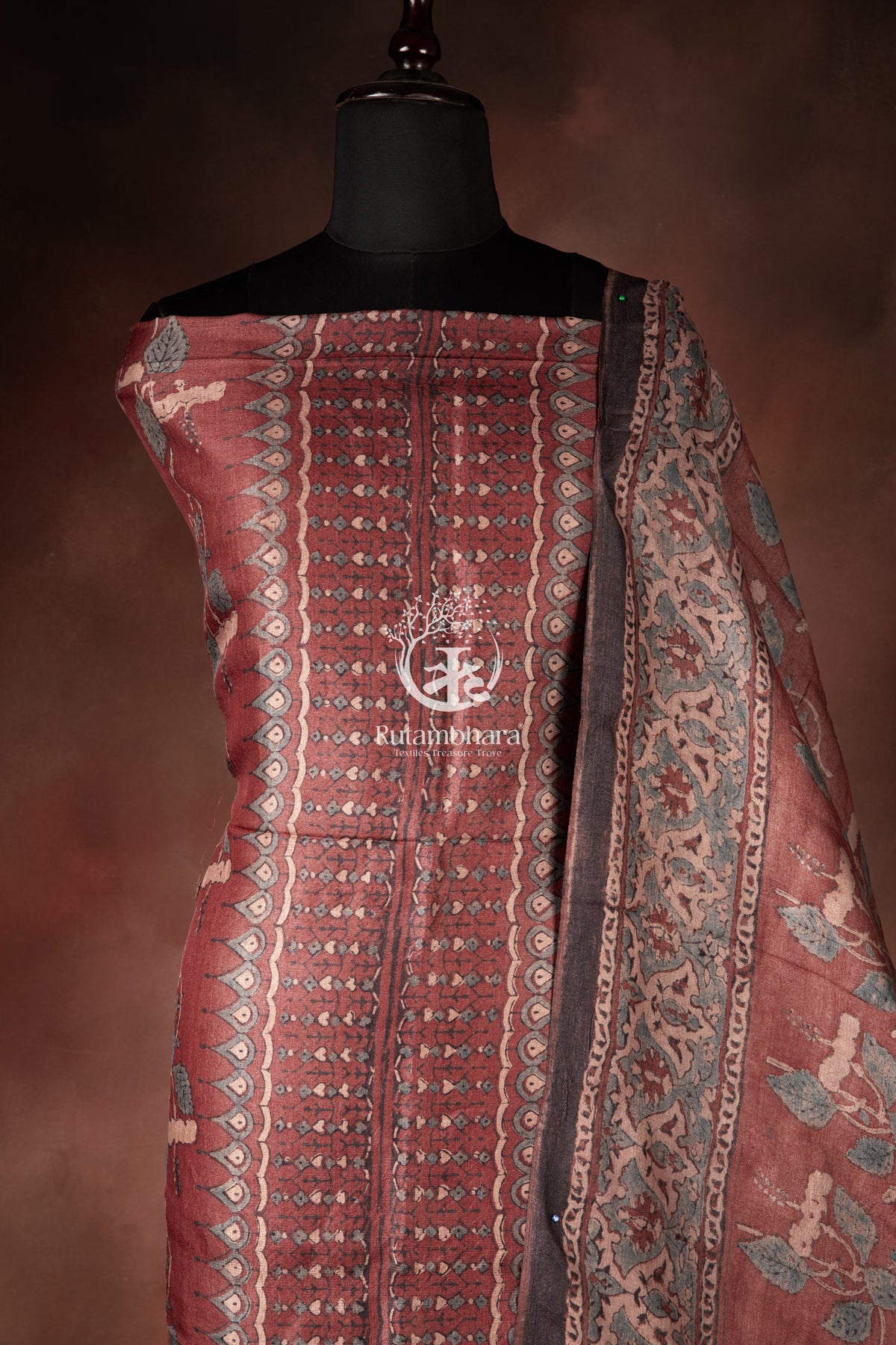 Ushraa - Dusty Madder Rose Ajrakh Tussar Silk Suit Set