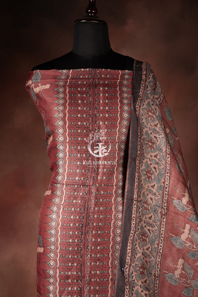 Ushraa - Dusty Madder Rose Ajrakh Tussar Silk Suit Set