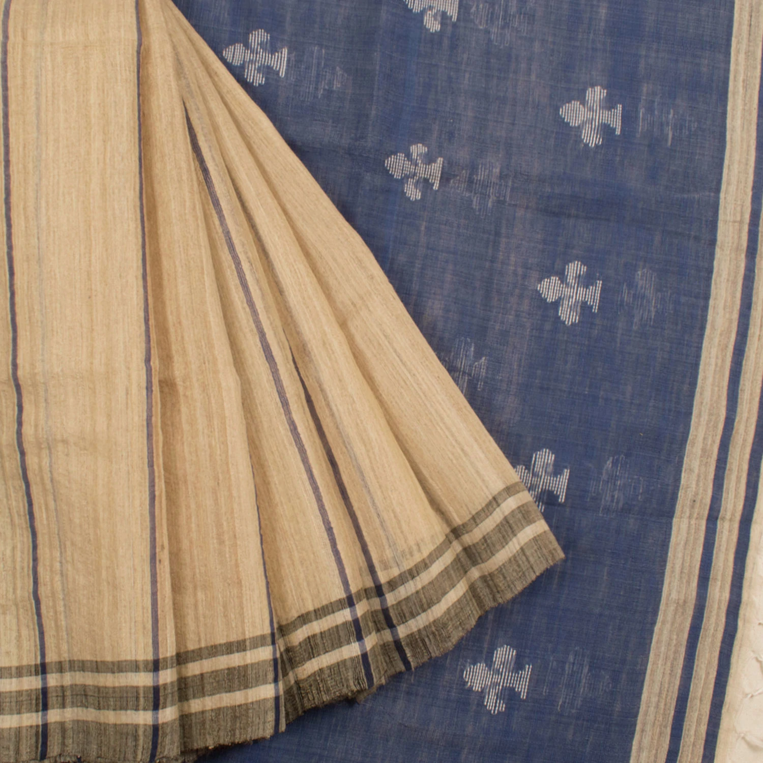 Beige and Indigo Tussar Cotton Saree