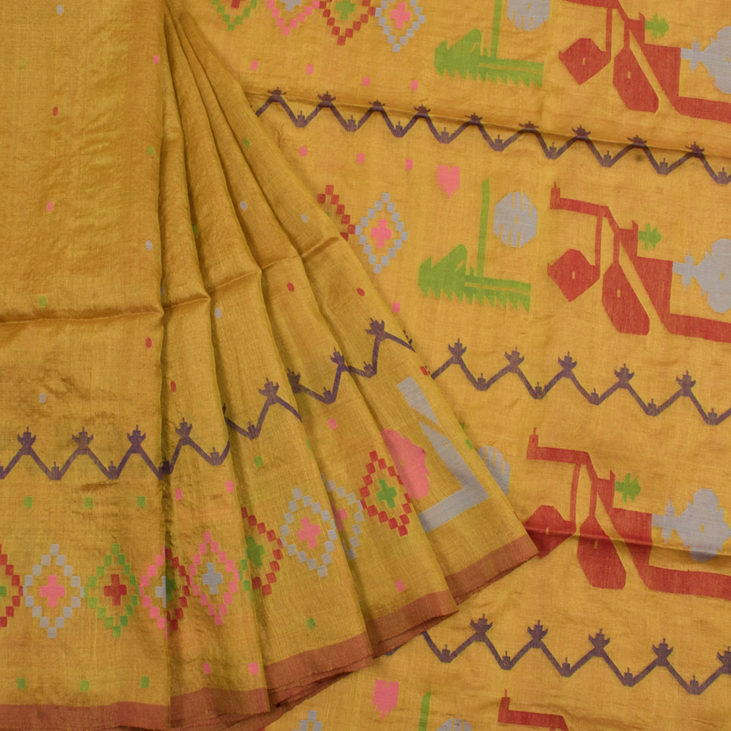 Yellow Handwoven Jamdani Tussar Silk Saree-Rutambhara-RUTAMBHARA