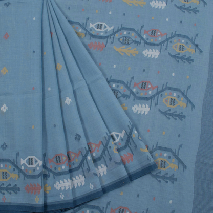 Pastel Blue Handwoven Jamdani Muslin Cotton Saree-Rutambhara-RUTAMBHARA