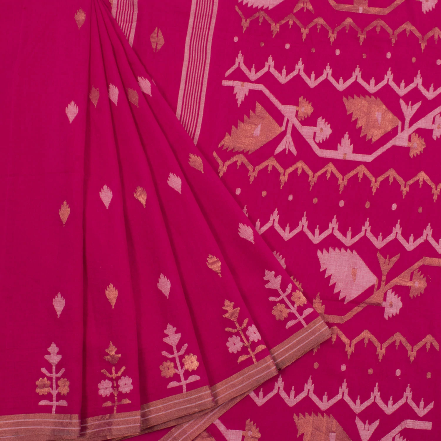 Pink Handwoven Jamdani Muslin Cotton Saree-Rutambhara-RUTAMBHARA
