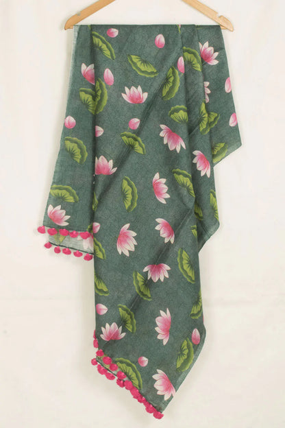 Pichwai Printed Tussar Linen Dupatta-Rutambhara-RUTAMBHARA