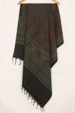 Dark Green Ajrakh Printed Muga Tussar Dupatta-Rutambhara-RUTAMBHARA