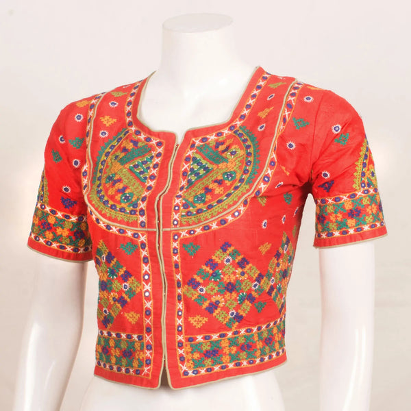 Orange Hand Embroidered Raw Silk Kutchi Blouse-Rutambhara-RUTAMBHARA