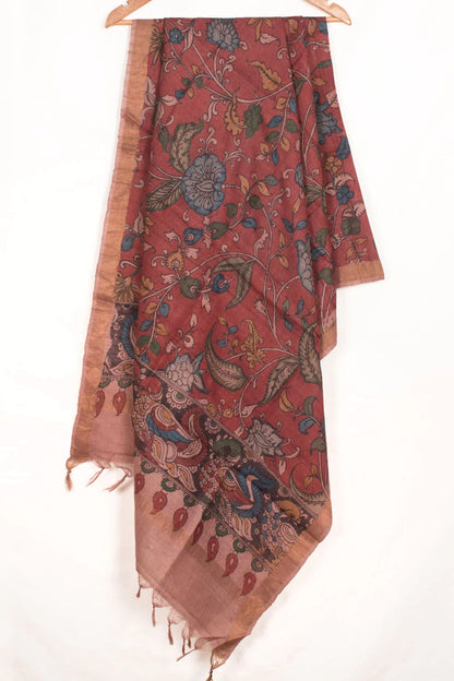 Hand Painted Pen Kalamkari Tussar Silk Dupatta-Rutambhara-RUTAMBHARA