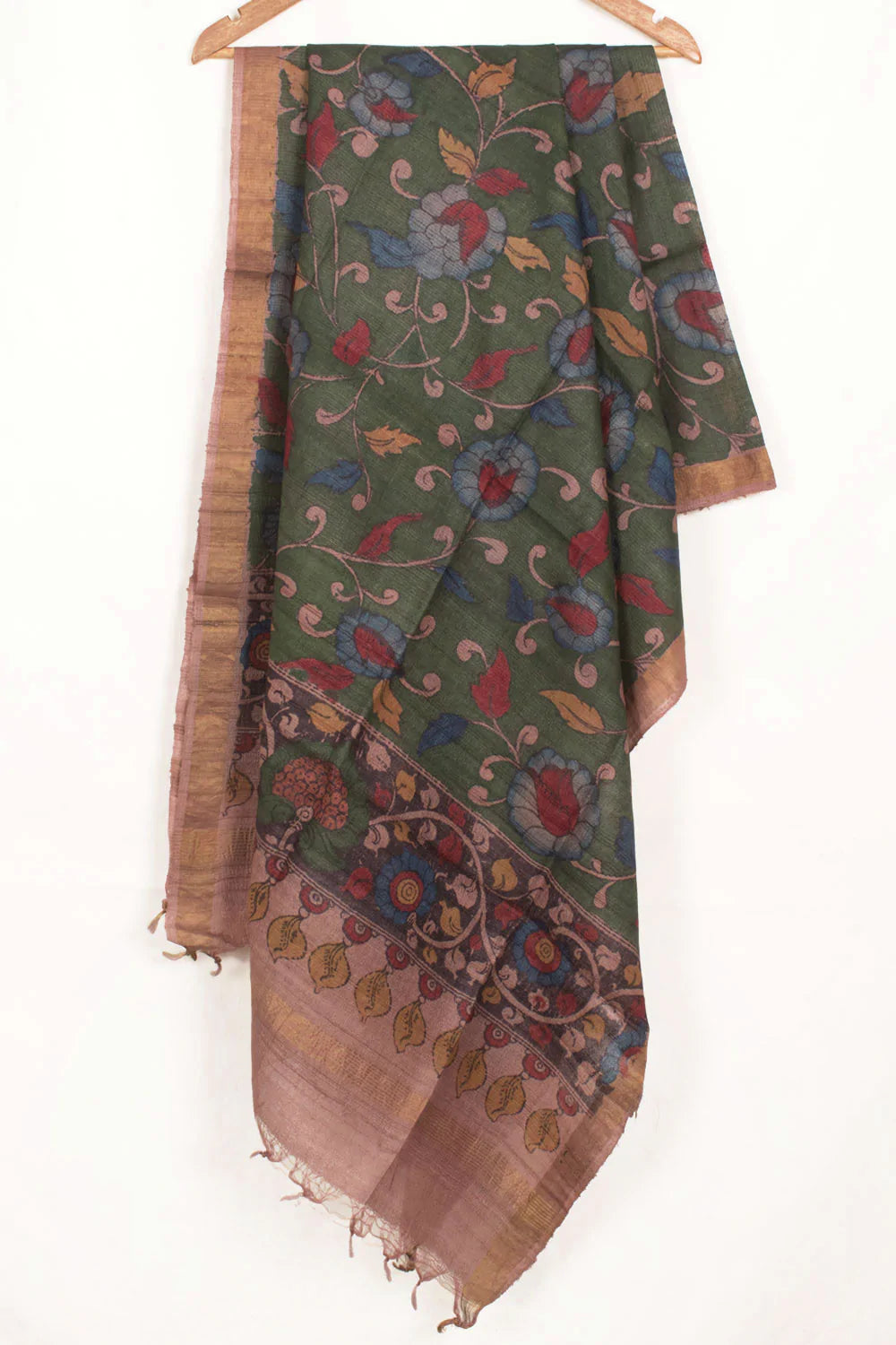 Hand Painted Pen Kalamkari Tussar Silk Dupatta-Rutambhara-RUTAMBHARA