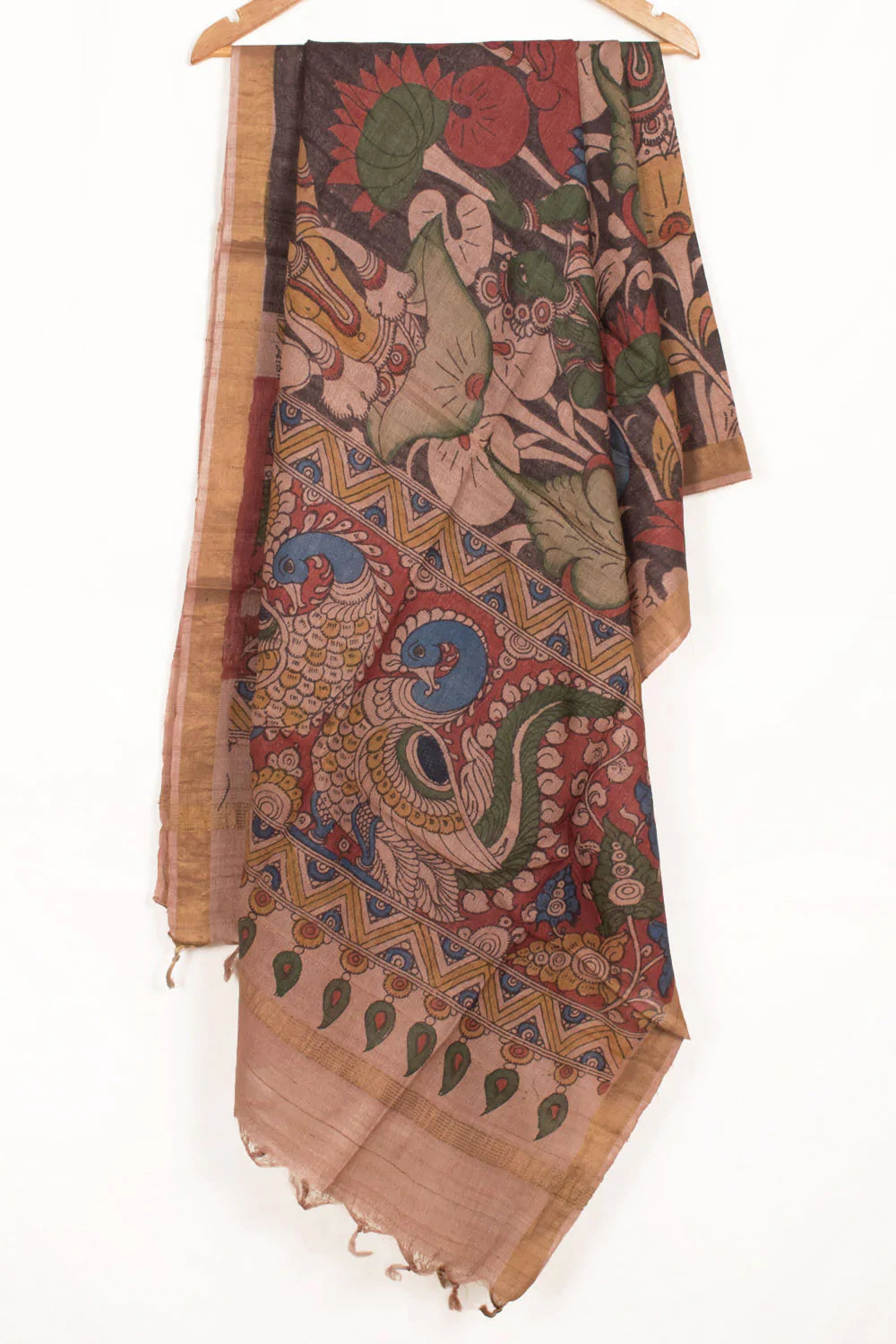 Hand Painted Pen Kalamkari Tussar Silk Dupatta-Rutambhara-RUTAMBHARA