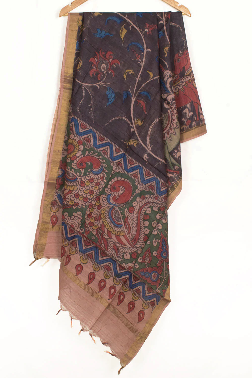 Hand Painted Pen Kalamkari Tussar Silk Dupatta