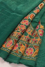 Green Mirror Embroidered Mashru Blouse Material-Rutambhara-RUTAMBHARA