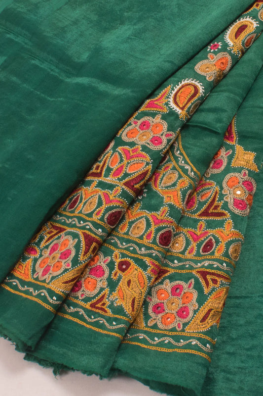 Green Mirror Embroidered Mashru Blouse Material