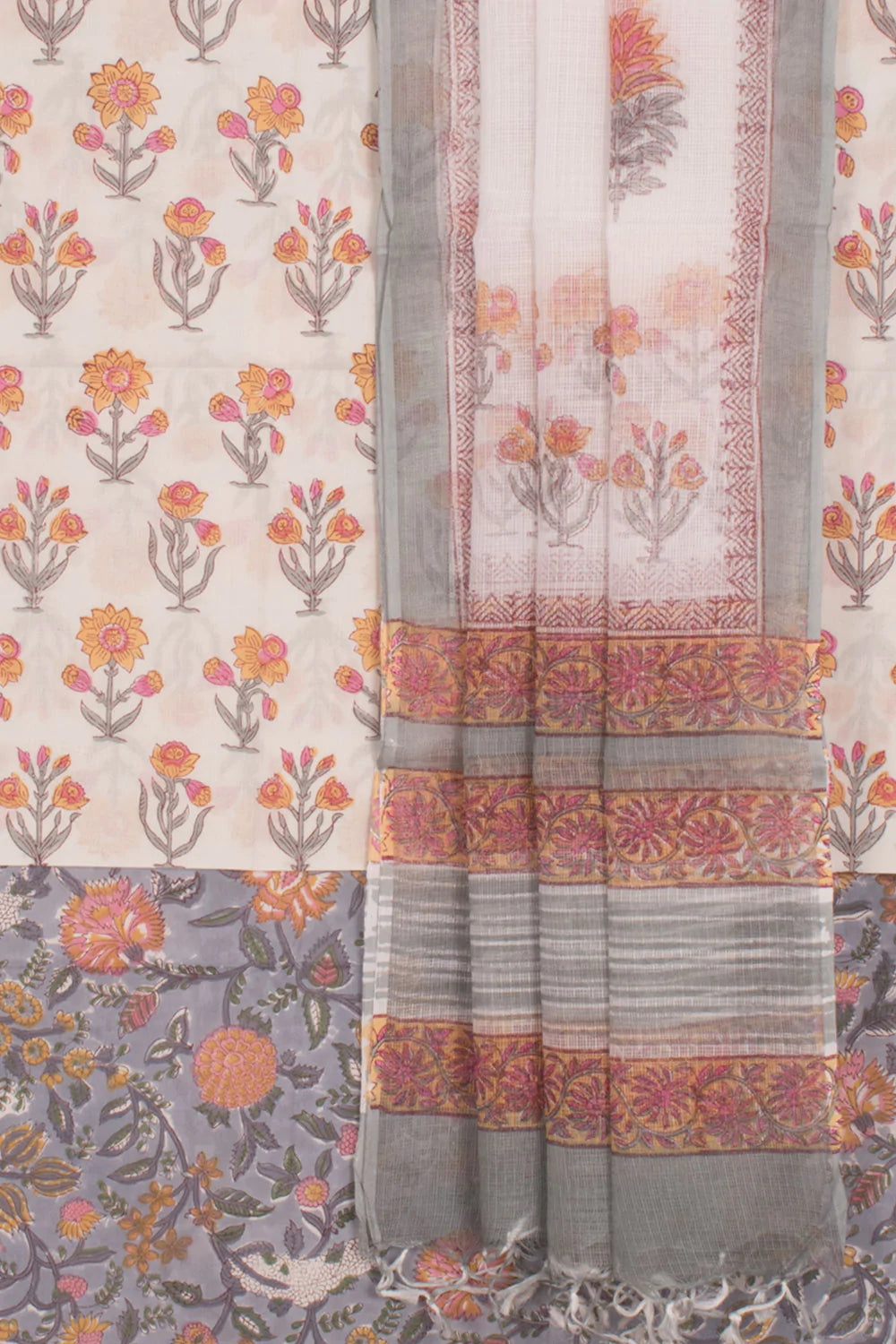 Hand Block Printed Cotton 3-Piece Salwar Suit Material-Rutambhara-RUTAMBHARA