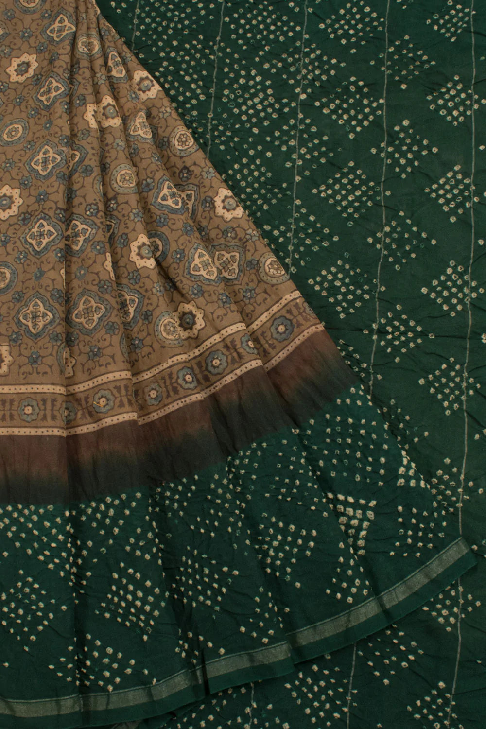 Handcrafted Ajrakh and Bandhani Chanderi Saree-Rutambhara-RUTAMBHARA
