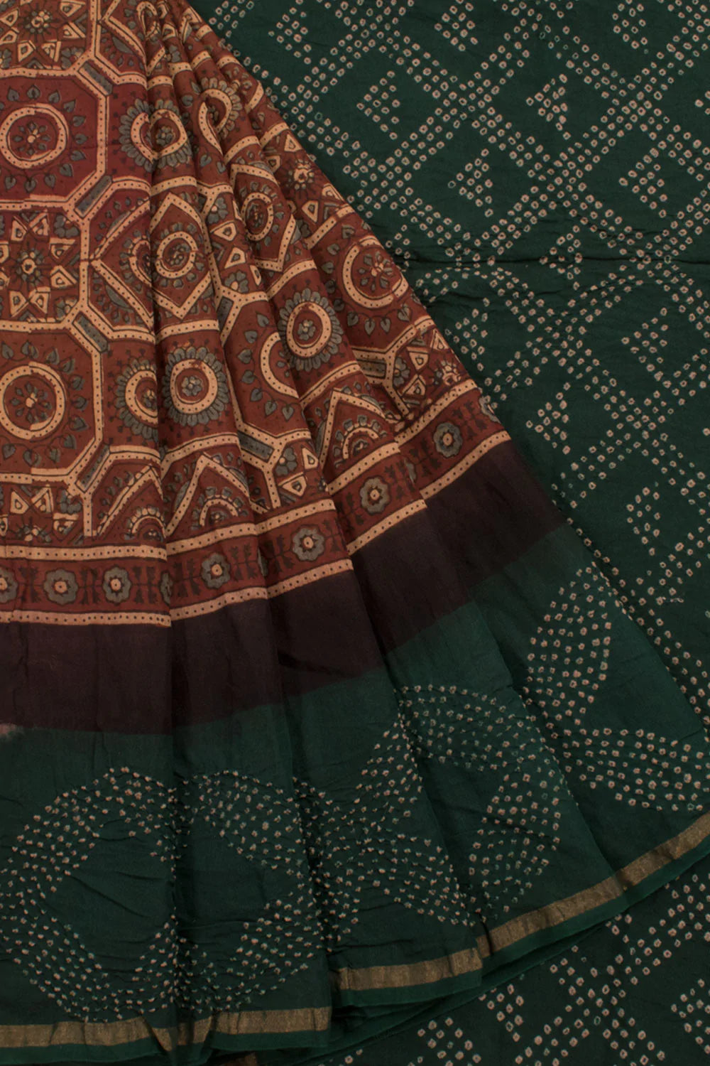 Handcrafted Ajrakh and Bandhani Chanderi Saree-Rutambhara-RUTAMBHARA