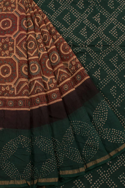 Handcrafted Ajrakh and Bandhani Chanderi Saree-Rutambhara-RUTAMBHARA