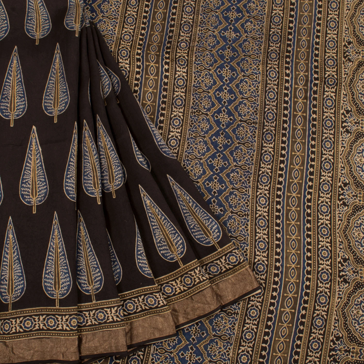 Ajrakh Printed Modal Cotton Saree-Rutambhara-RUTAMBHARA