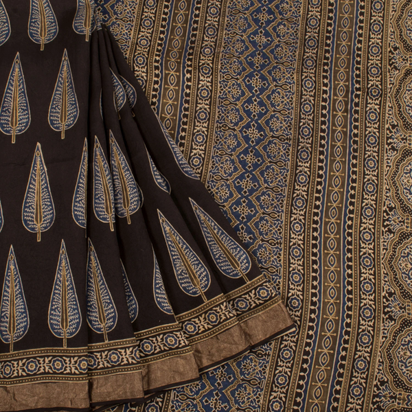 Ajrakh Printed Modal Cotton Saree-Rutambhara-RUTAMBHARA