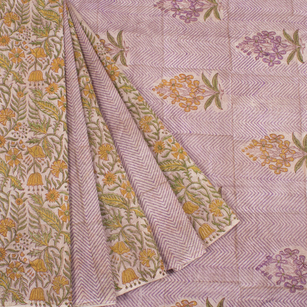 Purple Hand Block Printed Chanderi Silk Cotton Saree-Rutambhara-RUTAMBHARA