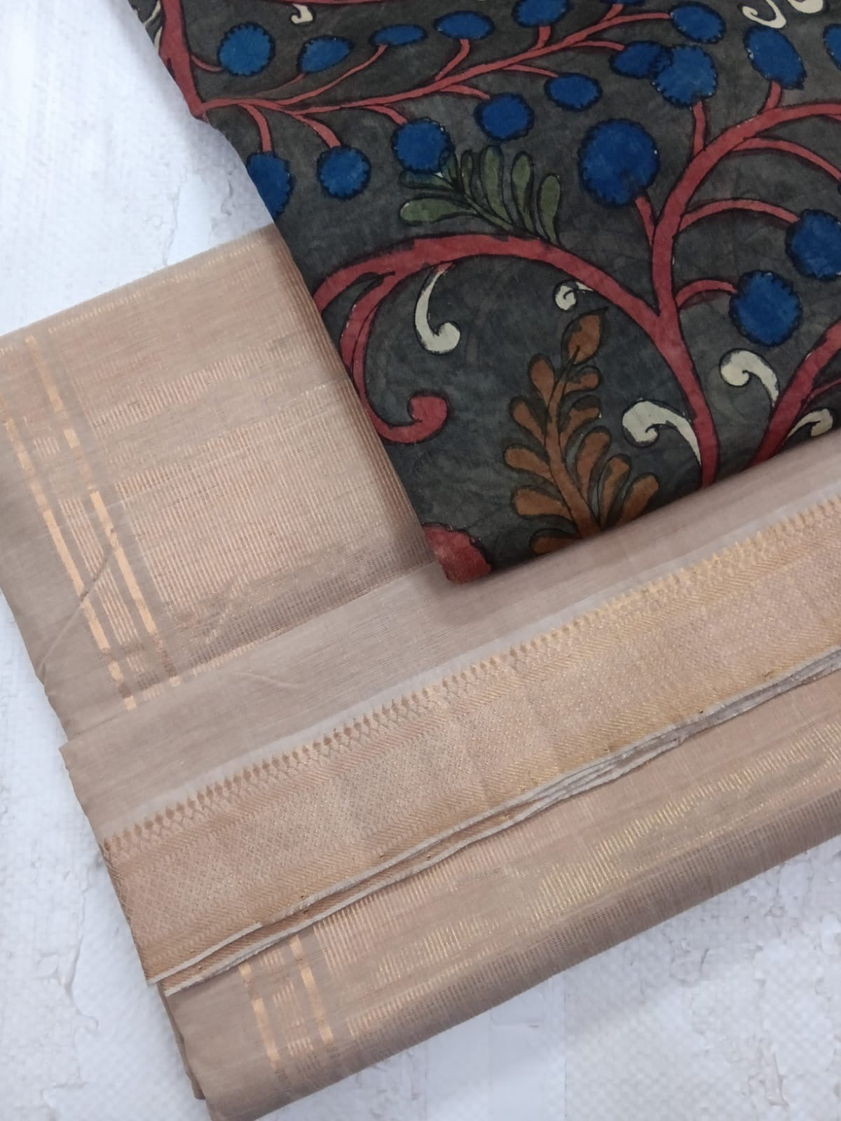 BHADRA -Elegant Beige Pure Cotton Saree with Gold Border And Kalamkari Blouse