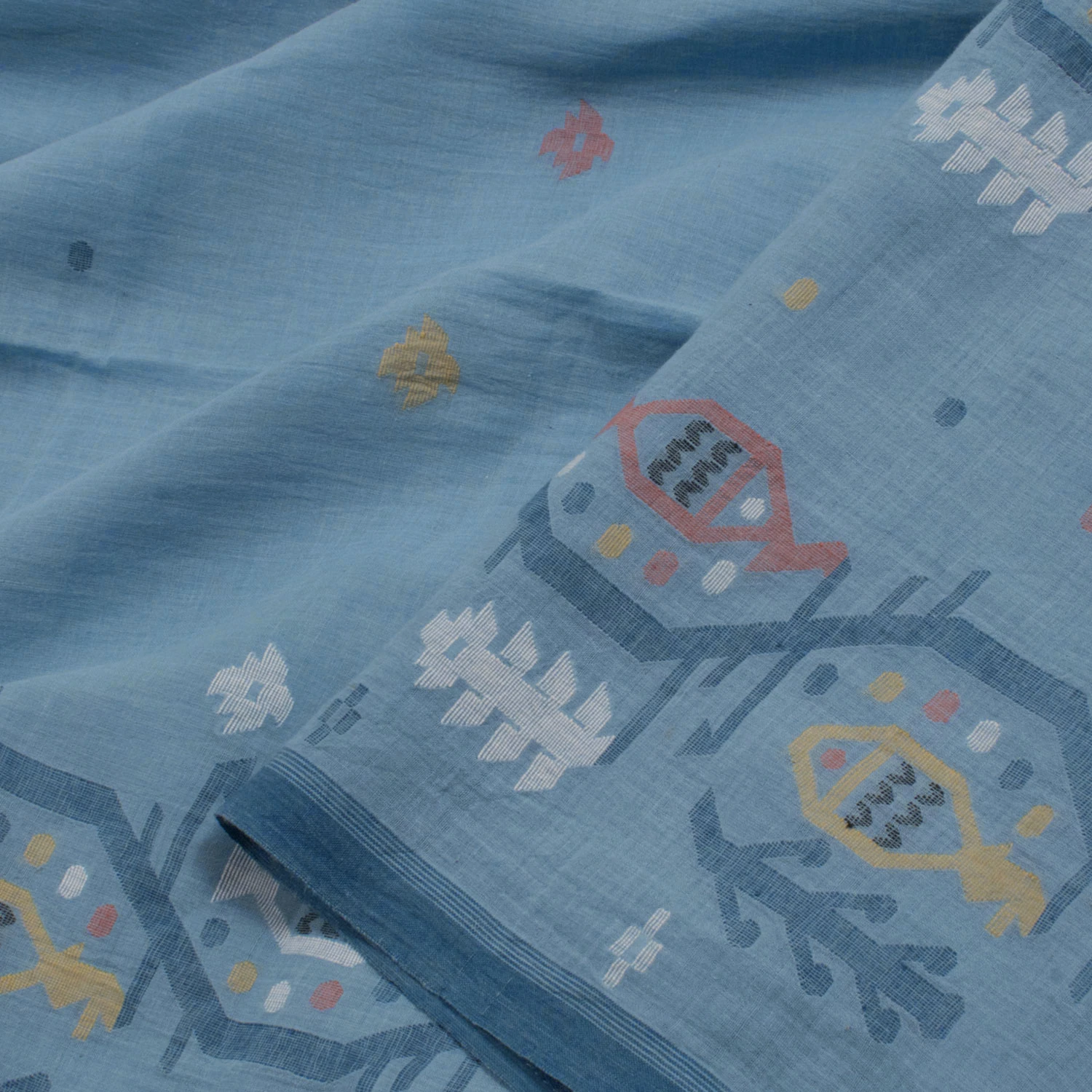 Pastel Blue Handwoven Jamdani Muslin Cotton Saree-Rutambhara-RUTAMBHARA