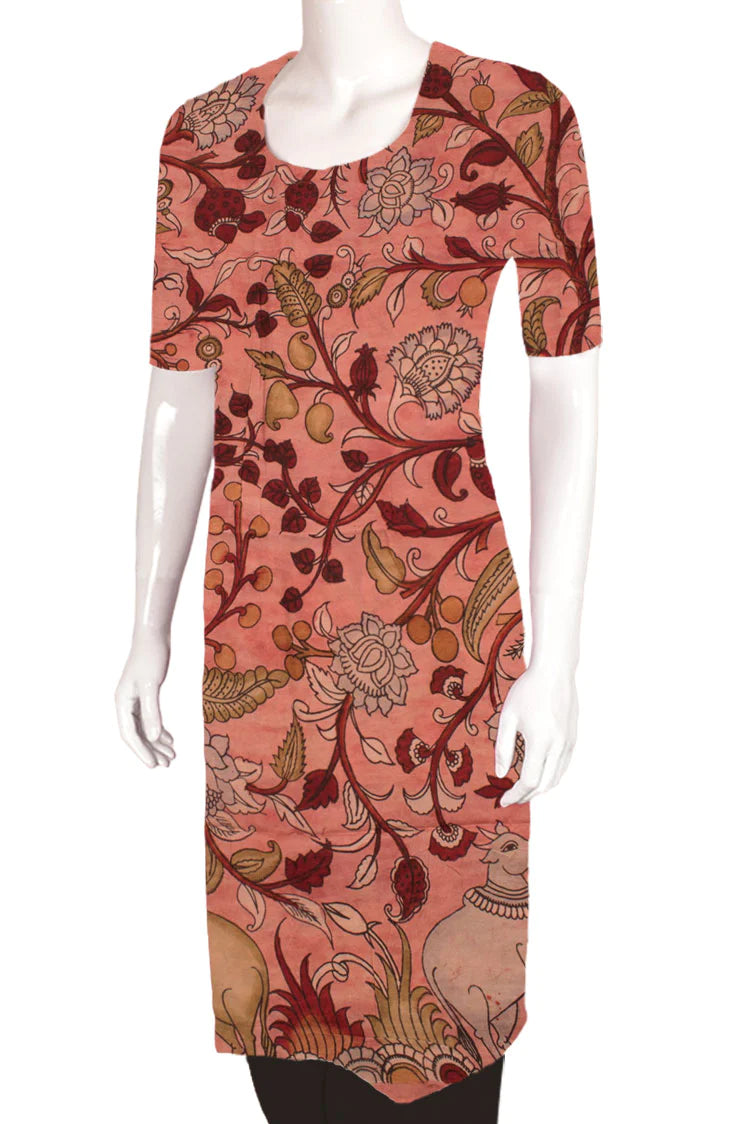 Hand Painted Pen Kalamkari Silk Kurta Material-Rutambhara-RUTAMBHARA