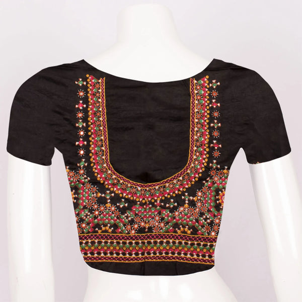 Black Mirror Embroidered Mashru Blouse Material-Rutambhara-RUTAMBHARA