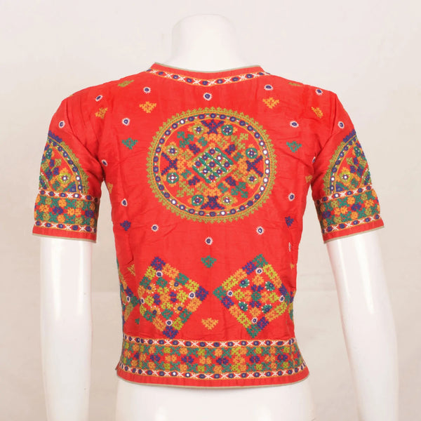 Orange Hand Embroidered Raw Silk Kutchi Blouse-Rutambhara-RUTAMBHARA