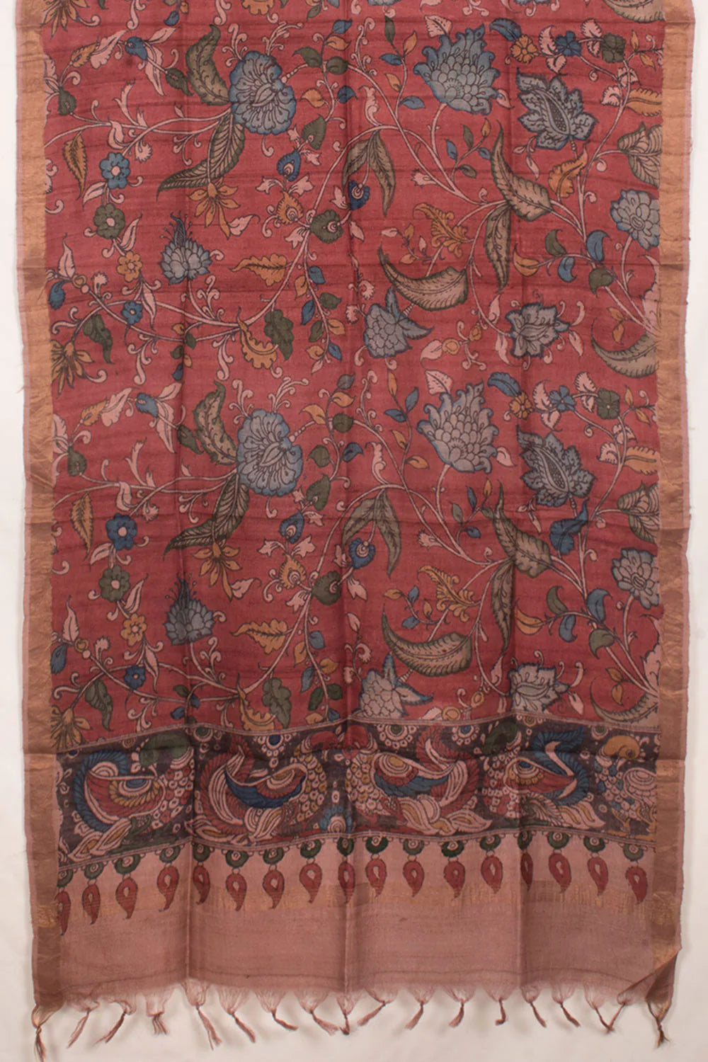 Hand Painted Pen Kalamkari Tussar Silk Dupatta-Rutambhara-RUTAMBHARA