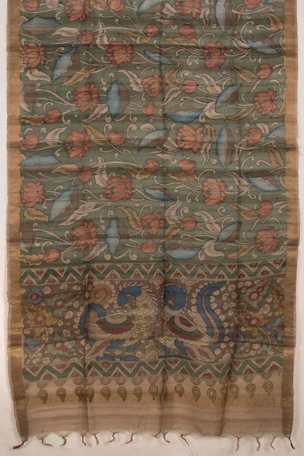 Hand Painted Pen Kalamkari Tussar Silk Dupatta-Rutambhara-RUTAMBHARA
