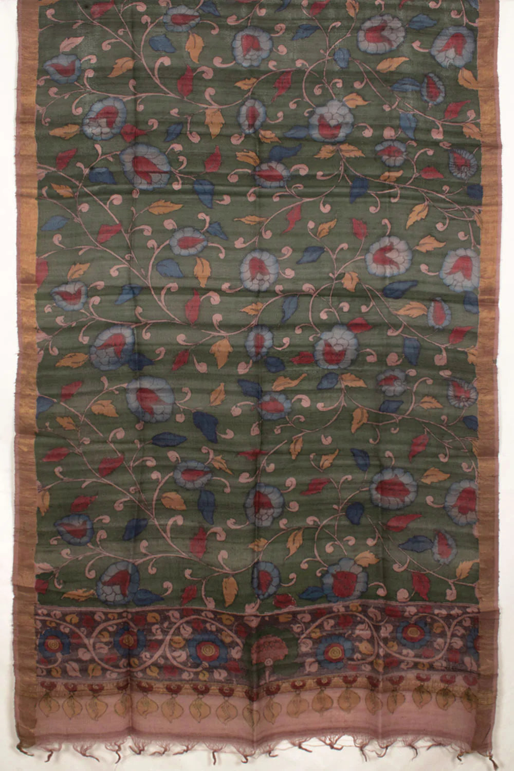 Hand Painted Pen Kalamkari Tussar Silk Dupatta-Rutambhara-RUTAMBHARA