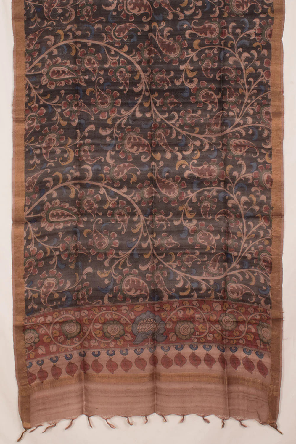 Hand Painted Pen Kalamkari Tussar Silk Dupatta-Rutambhara-RUTAMBHARA