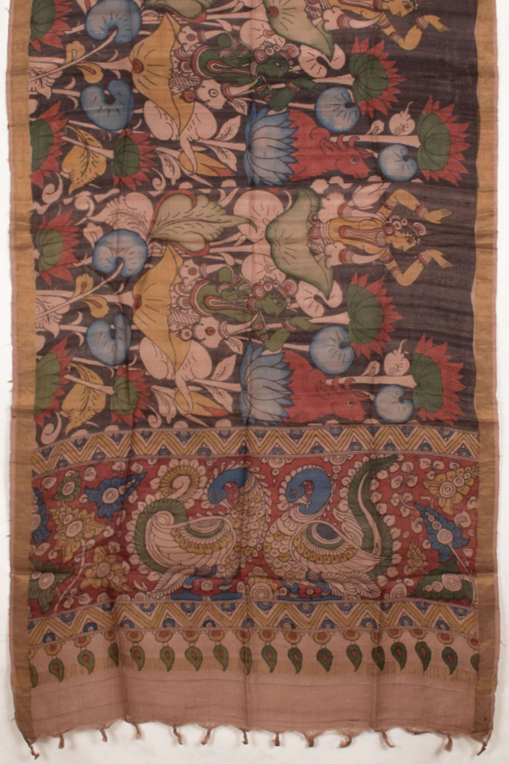 Hand Painted Pen Kalamkari Tussar Silk Dupatta-Rutambhara-RUTAMBHARA