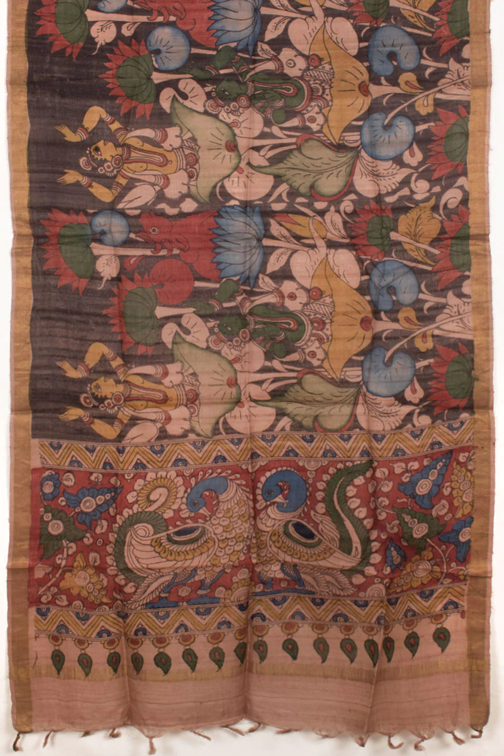 Hand Painted Pen Kalamkari Tussar Silk Dupatta-Rutambhara-RUTAMBHARA