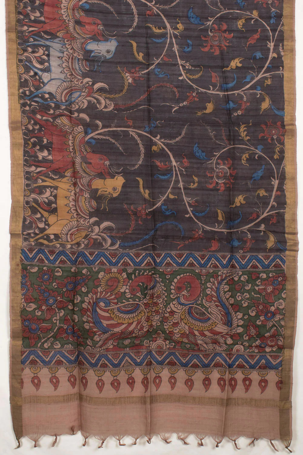 Hand Painted Pen Kalamkari Tussar Silk Dupatta-Rutambhara-RUTAMBHARA