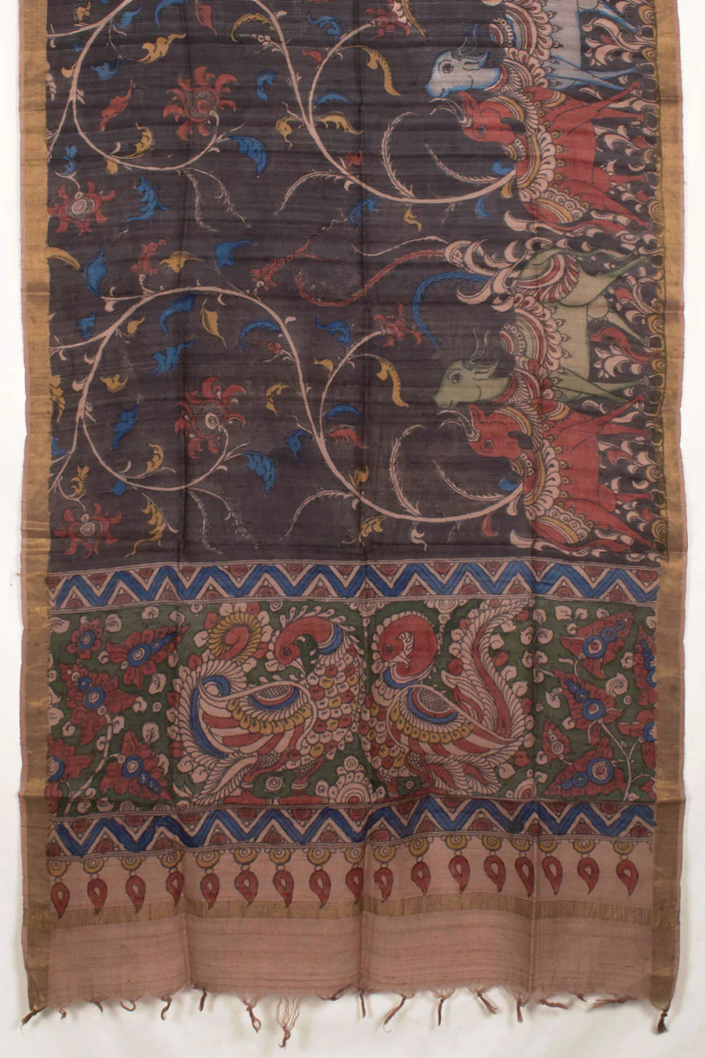 Hand Painted Pen Kalamkari Tussar Silk Dupatta-Rutambhara-RUTAMBHARA