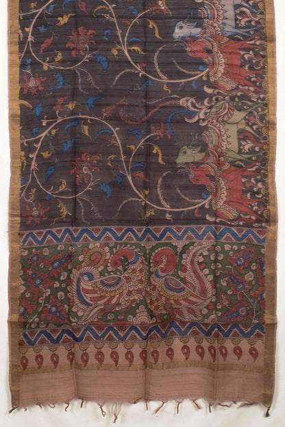 Hand Painted Pen Kalamkari Tussar Silk Dupatta-Rutambhara-RUTAMBHARA