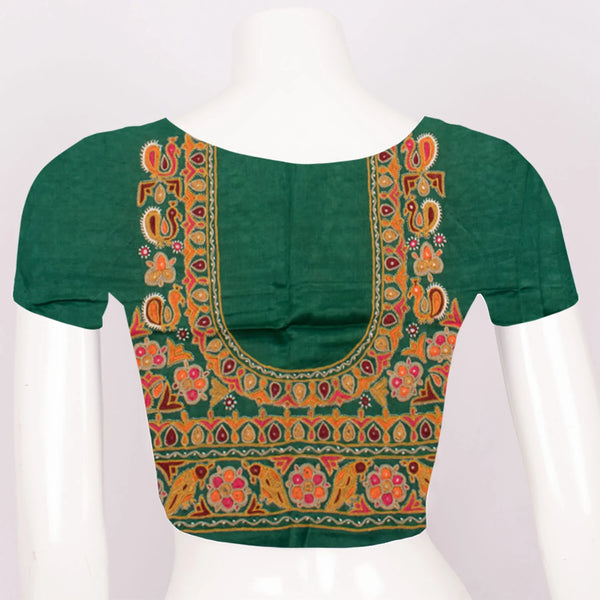 Green Mirror Embroidered Mashru Blouse Material-Rutambhara-RUTAMBHARA