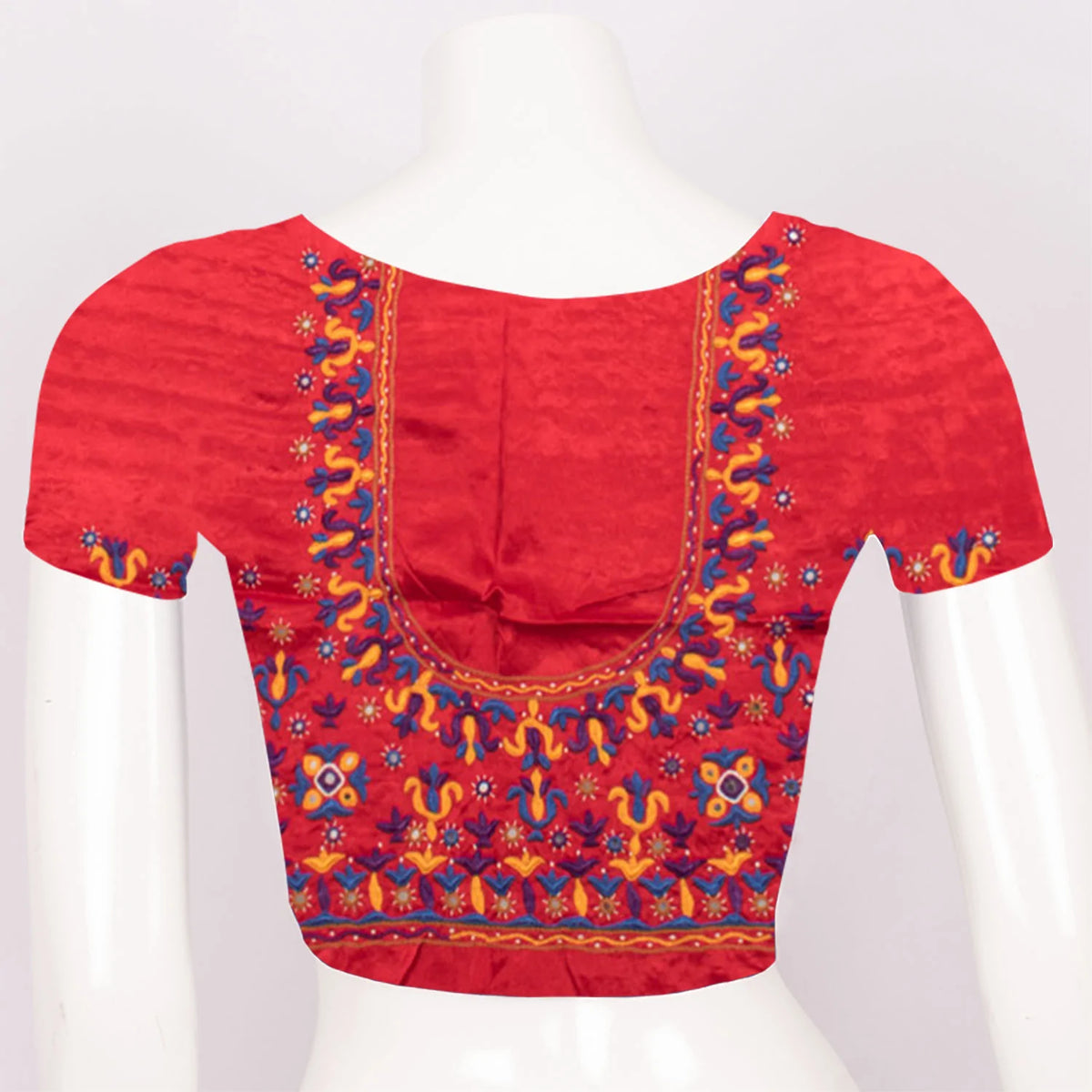 Red Mirror Embroidered Mashru Blouse Material