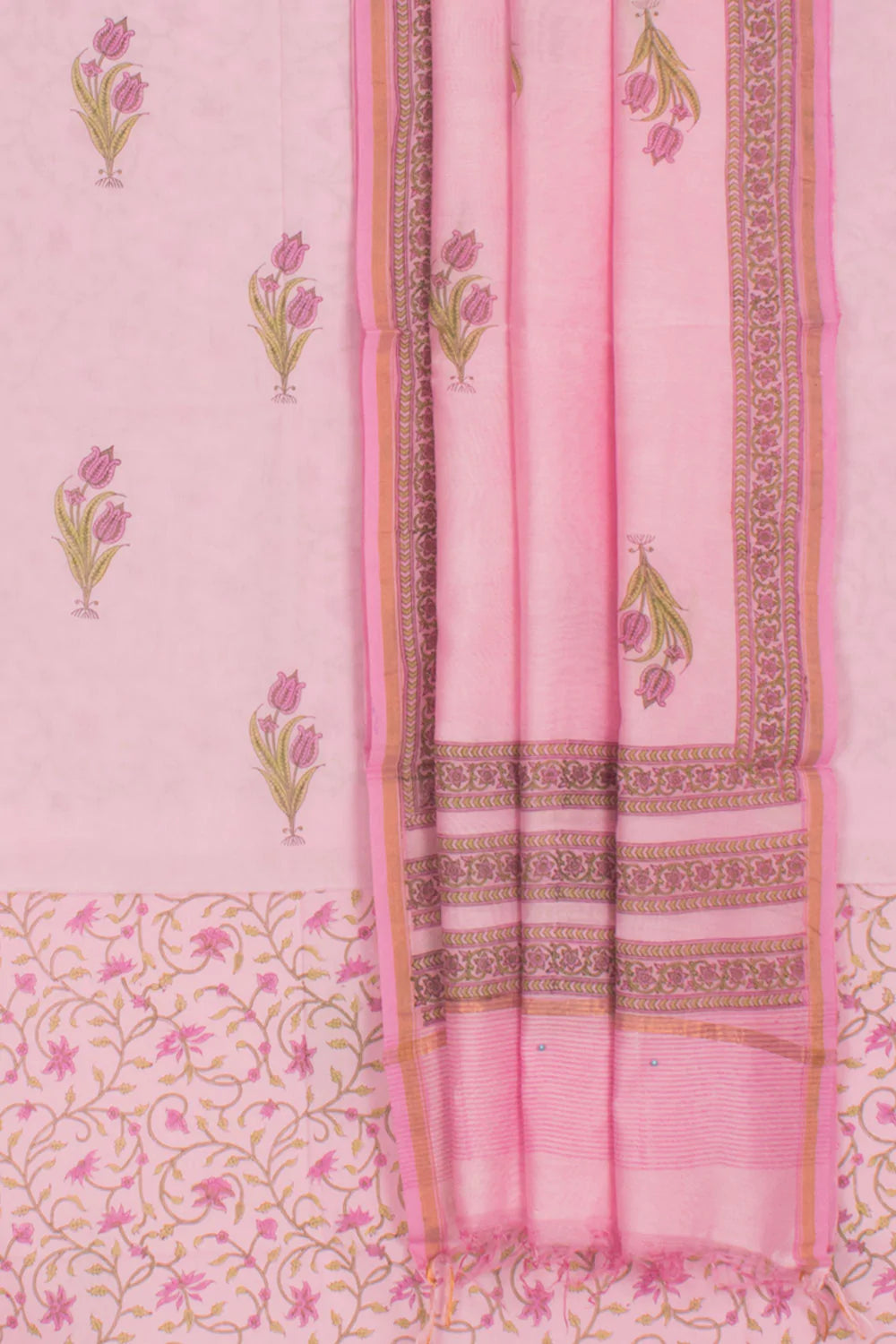 Hand Block Printed Cotton 3-Piece Salwar Suit Material-Rutambhara-RUTAMBHARA
