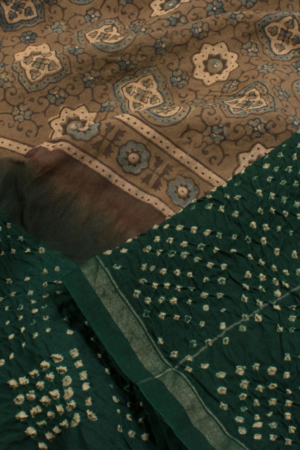 Handcrafted Ajrakh and Bandhani Chanderi Saree-Rutambhara-RUTAMBHARA