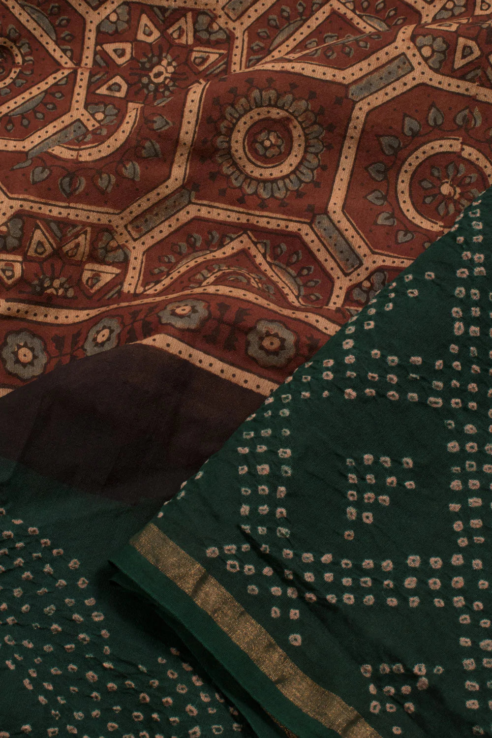 Handcrafted Ajrakh and Bandhani Chanderi Saree-Rutambhara-RUTAMBHARA